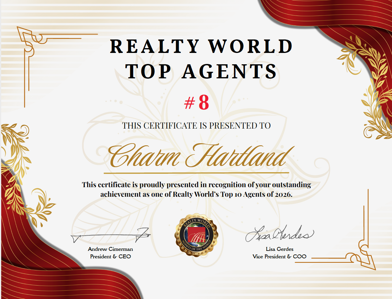 Charm Hartland Named 8th Highest Producing Realtor at Realty World Nationwide for 2026